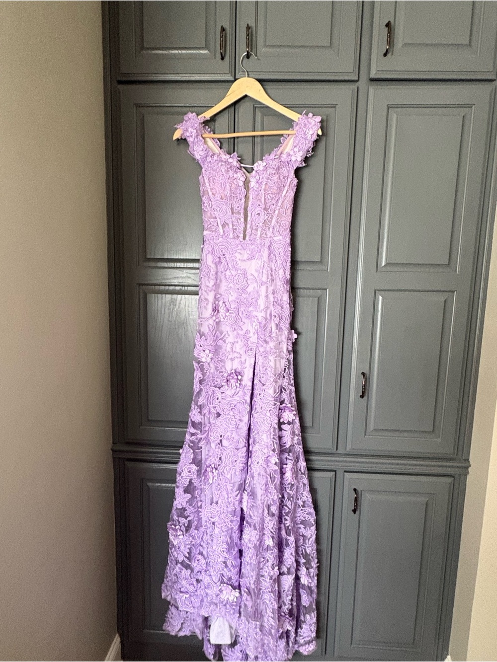 Lavender Off the Shoulder Floral Lace Prom Dress; 00